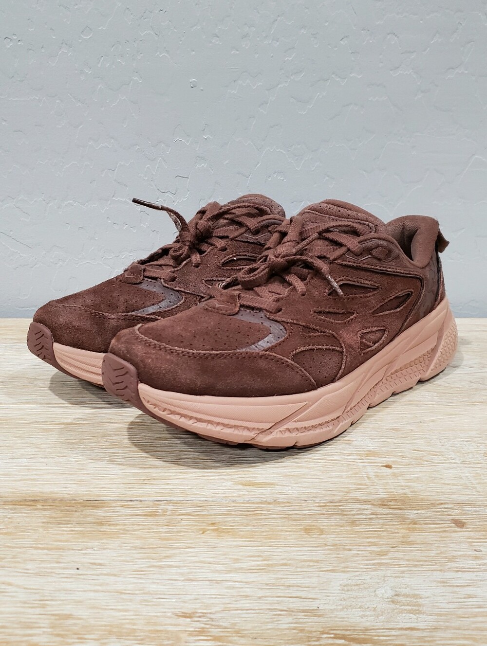 HOKA ONE ONE Women's Clifton L Suede Athleisure Sneakers (10/9 Men's) Cappuccino